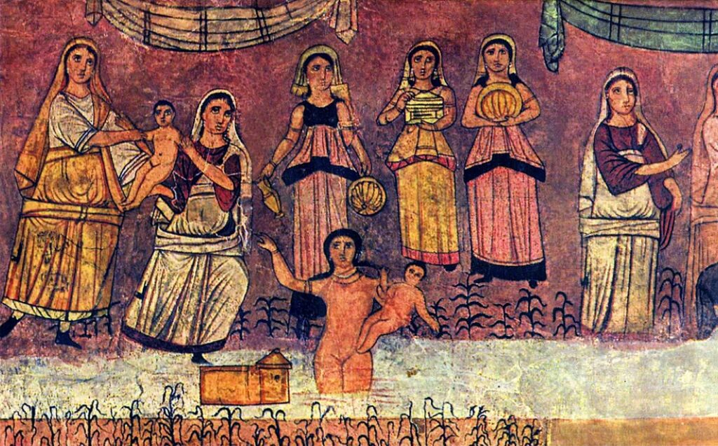 Fresco in an ancient Jewish synagogue depicting Pharoah's Daughter when she finds Moses during her bath in the Nile River.  Moses would later bathe the Israeli priesthood. Fresco in an ancient Jewish synagogue depicting Pharoah's Daughter when she finds Moses during her bath in the Nile River. Why did God require those priests to wear underwear?