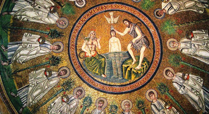 A mosaic depicting the baptism of Jesus the Christ on the ceiling of an ancient church