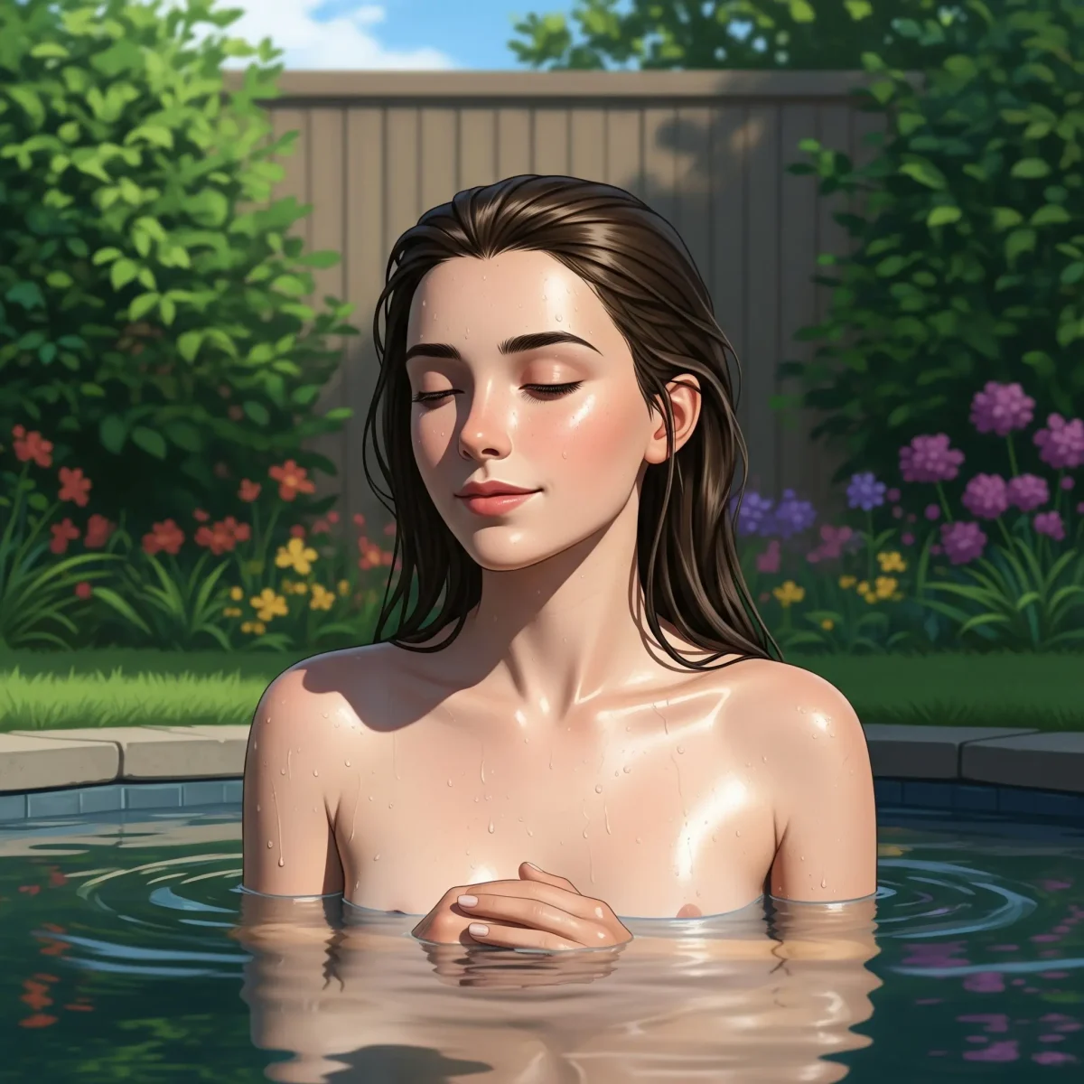 woman enjoying a clothes-free dip in her backyard pool for National Skinny Dip Day