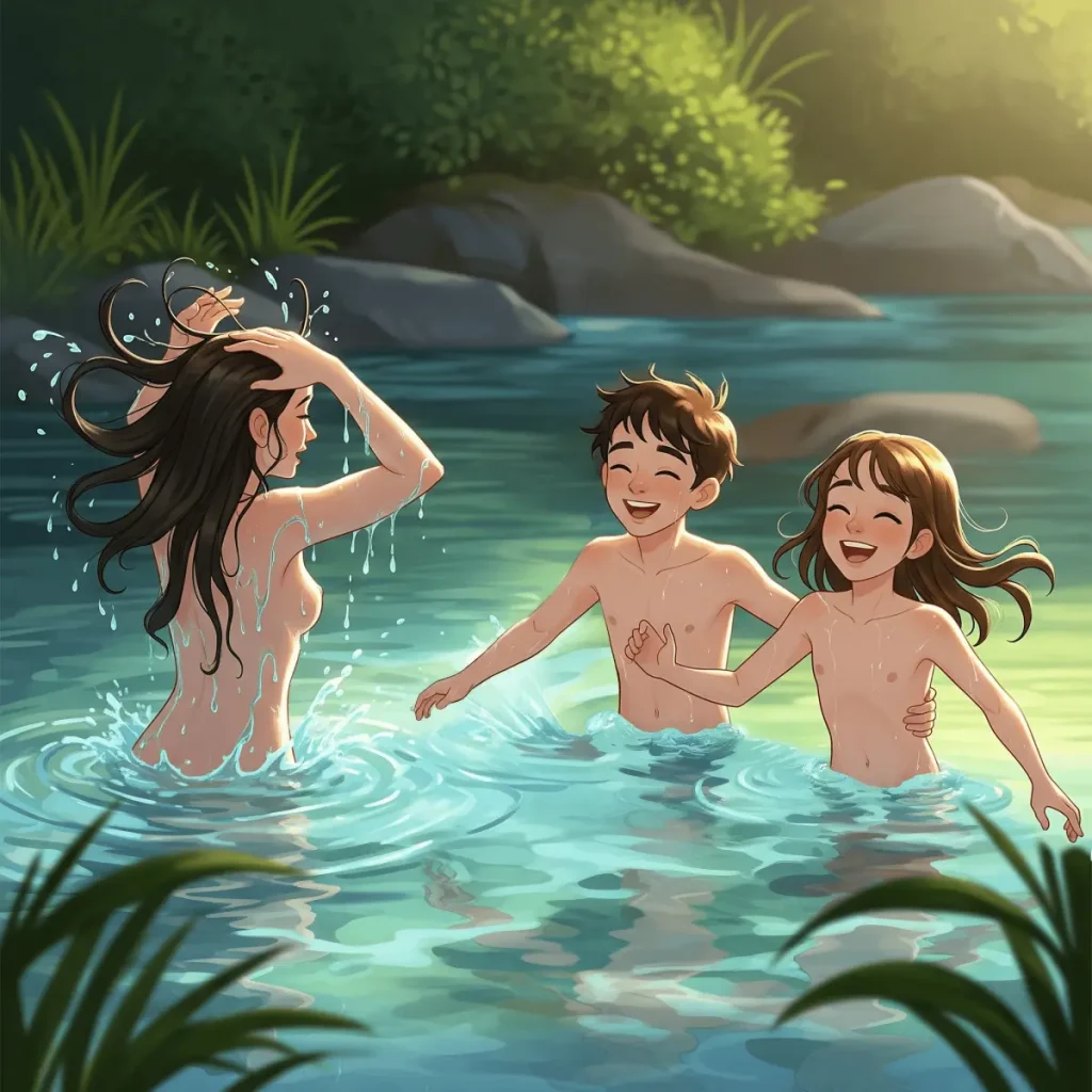 three siblings swim in their birthday suits