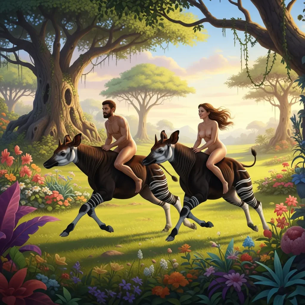 Adam and Eve race through the Garden on the backs of Okapis
