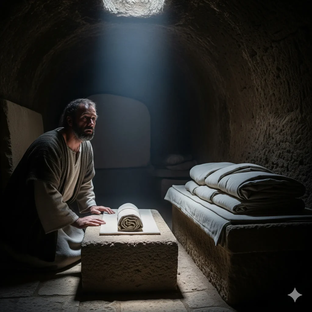 When Peter went in, the tomb was empty where Jesus had been. Only the grave clothes were left, neatly folded.